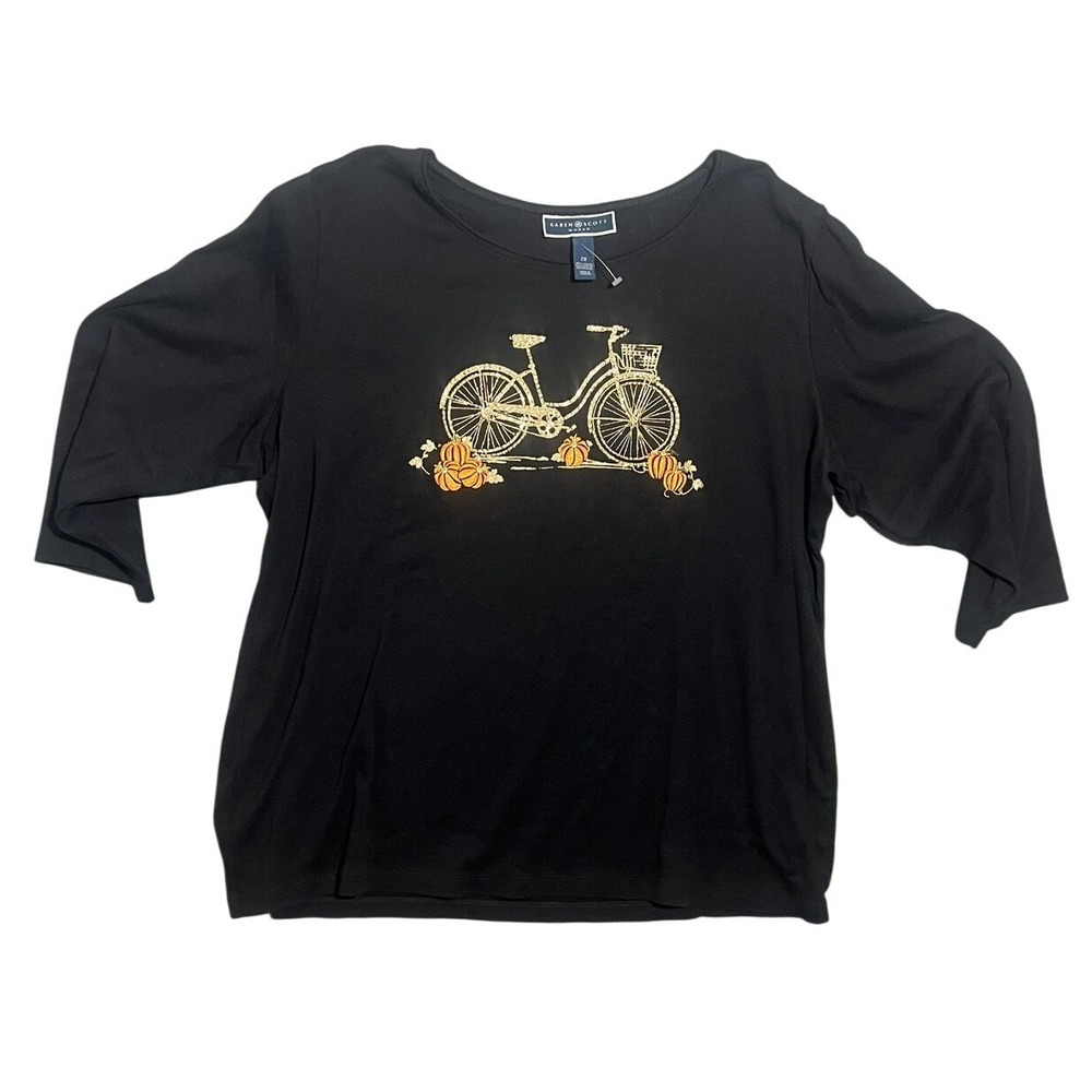 Karen Scott Woman 2X Black Cotton Bicycle Pumpkin Rhinestone Embroidered 3/4